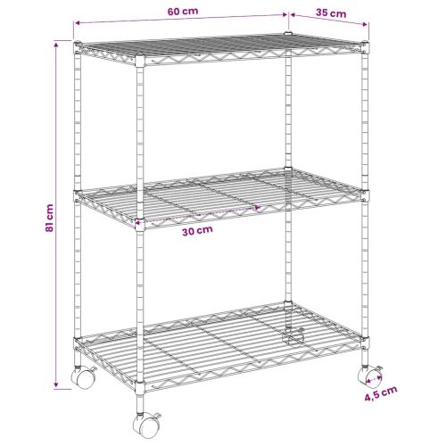 3-етажен стелаж за съхранение с колела 60x35x81 см хром 150 кг