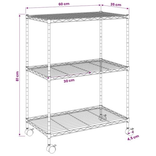 3-етажен стелаж за съхранение с колела 60x35x81 см черен 150 кг