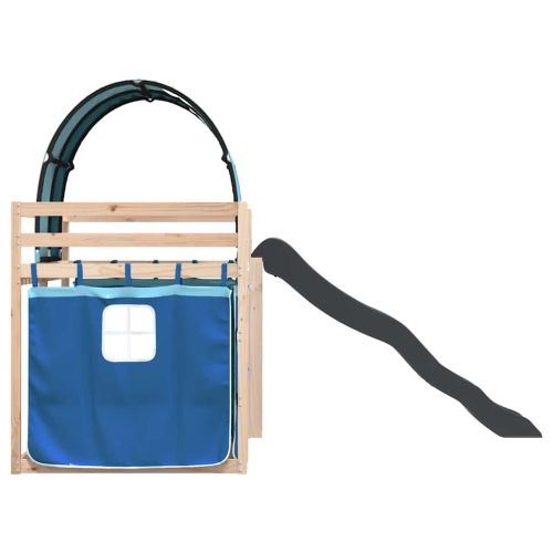 Двуетажно легло с пързалка и завеси, синьо, 90x200 см