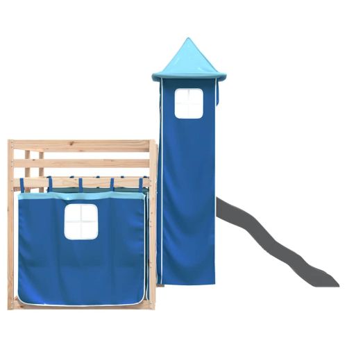 Двуетажно легло с пързалка и завеси, синьо, 90x200 см