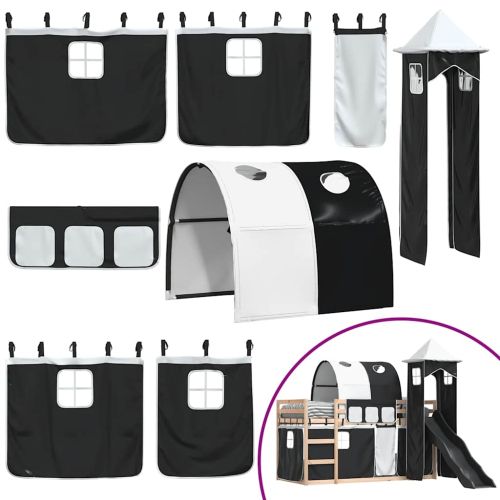 Двуетажно легло с пързалка и завеси, бяло и черно, 90x200 см