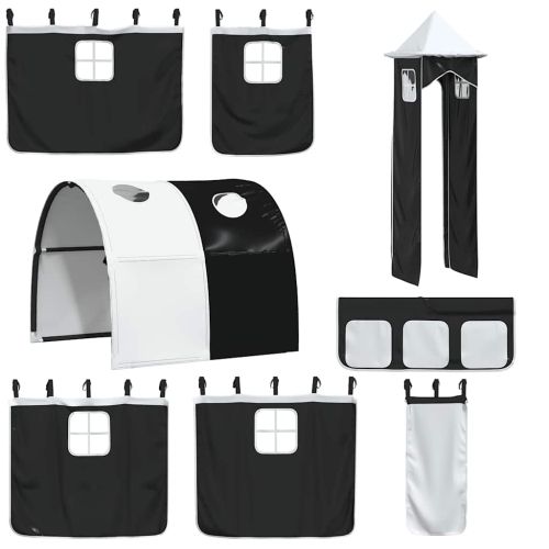 Двуетажно легло с пързалка и завеси, бяло и черно, 90x200 см