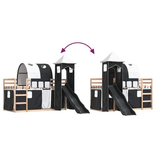 Двуетажно легло с пързалка и завеси, бяло и черно, 90x200 см