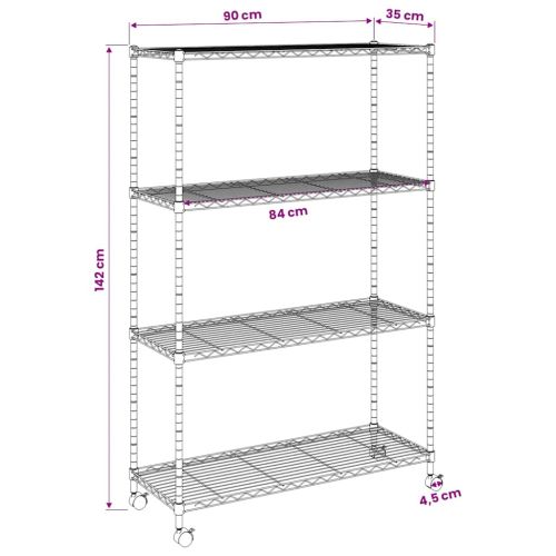 4-етажен стелаж за съхранение с колела 90x35x142 см хром 200 кг