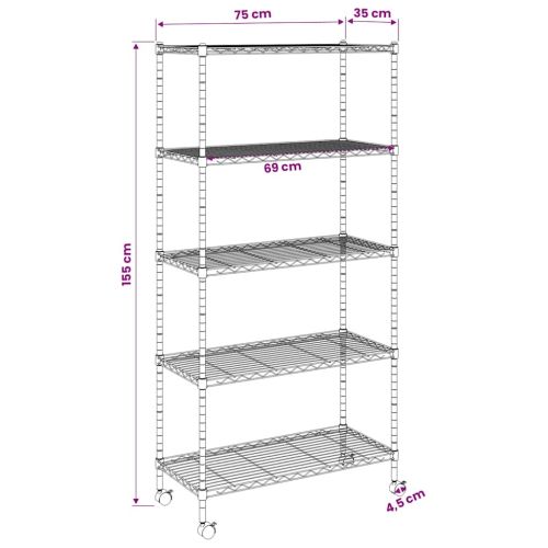 5-етажен стелаж за съхранение с колела 75x35x155 см черен 250кг