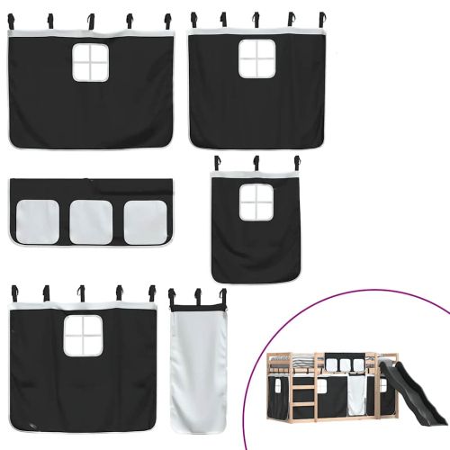 Двуетажно легло с пързалка и завеси, бяло и черно, 90x200 см