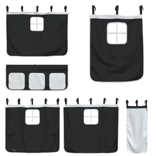 Двуетажно легло с пързалка и завеси, бяло и черно, 90x200 см