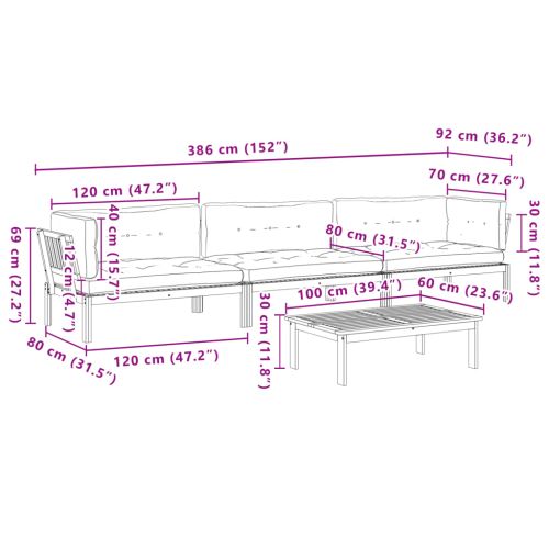 Градински комплект диван с възглавници, 4 части, акация масив