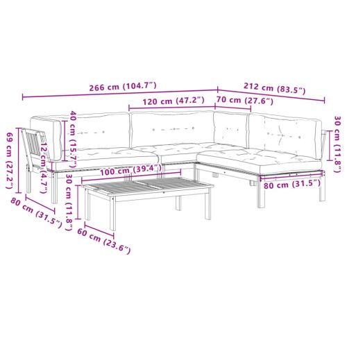 Градински комплект диван с възглавници, 4 части, акация масив