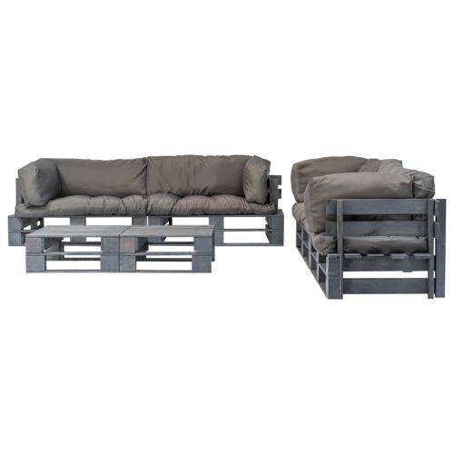 Градински палетен комплект 6 части със сиви възглавници дърво