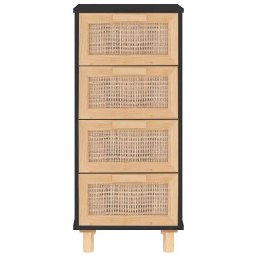 Сайдборд, черен, 40x30x90 см, бор масив и естествен ратан