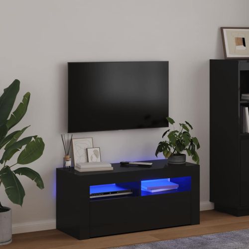 ТВ шкаф с LED осветление, черен, 90x35x40 см