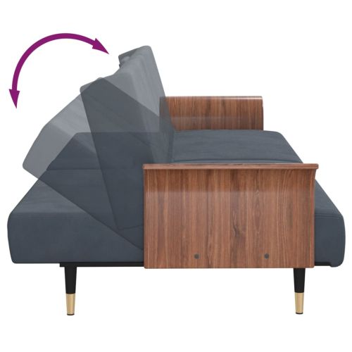 Разтегателен диван с поставки за чаши, тъмносив, кадифе