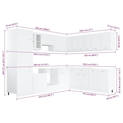 Комплект кухненски шкафове, 14 части, "Lyon", бяло инженерно дърво