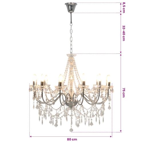 Полилей с кристали, сребрист, 12 х Е14 крушки