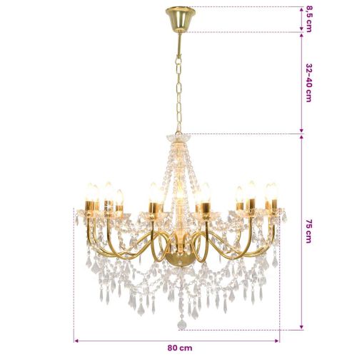 Полилей с кристали, златист, 12 х Е14 крушки
