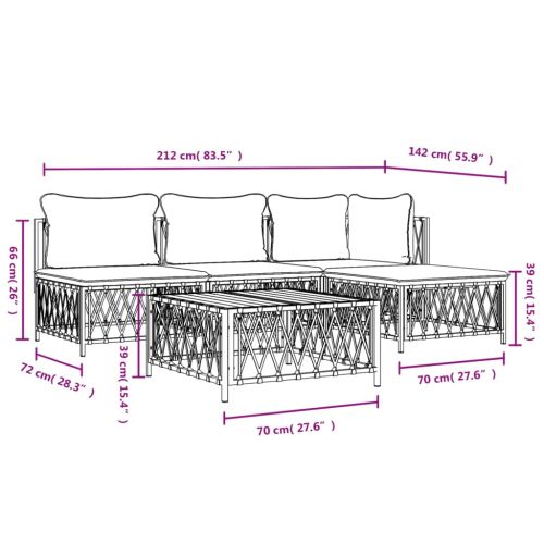 Градински лаундж комплект 5 части с възглавници бял стомана