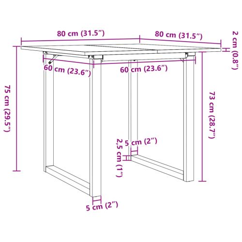 Трапезна маса О-образна рамка 80x80x75 см бор масив и стомана