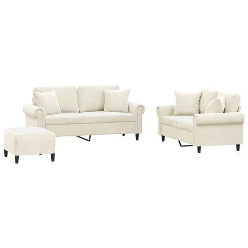 Комплект дивани 3 части с възглавници, кремав, кадифе