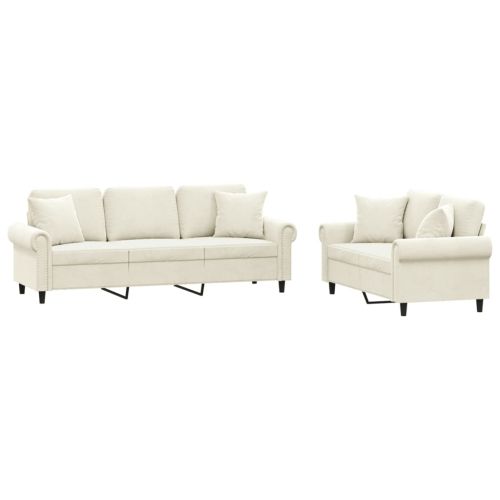 Комплект дивани 2 части с възглавници, кремав, кадифе