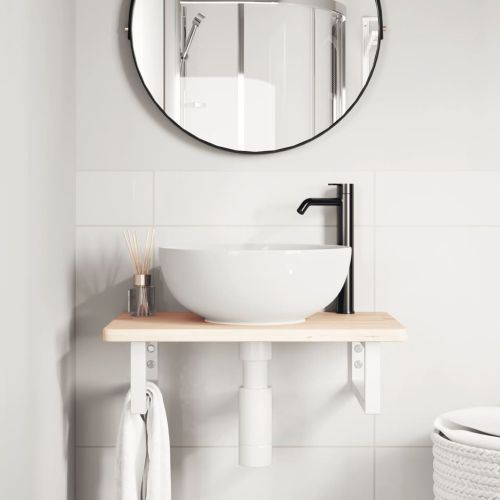 Стенен рафт за мивка, стомана и масивно дърво дъб