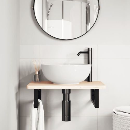 Стенен рафт за мивка, стомана и масивно дърво дъб