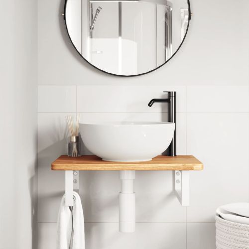 Стенен рафт за мивка, стомана и масивно дърво дъб