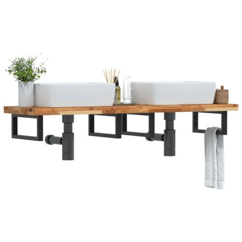 Стенен рафт за мивка, стомана и масивно дърво акация