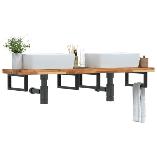 Стенен рафт за мивка, стомана и масивно дърво акация