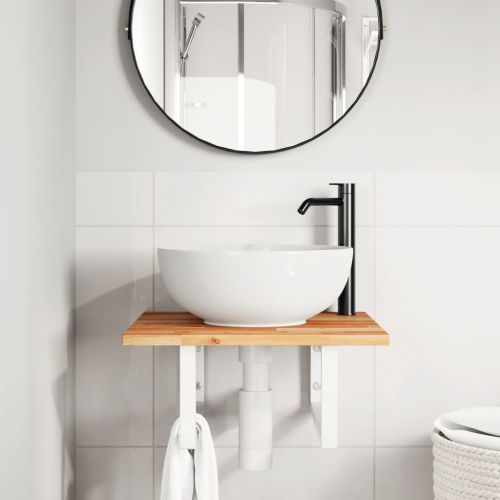 Стенен рафт за мивка, стомана и масивно дърво акация