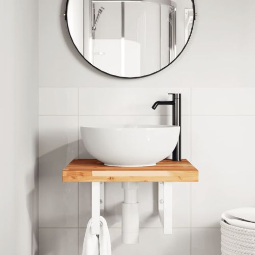 Стенен рафт за мивка, стомана и масивно дърво акация