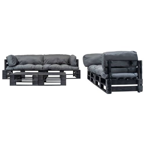 Градински мебели от палети, 6 части, сиви възглавници, дърво