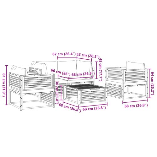 Градински комплект диван с възглавници, 5 части, акация масив