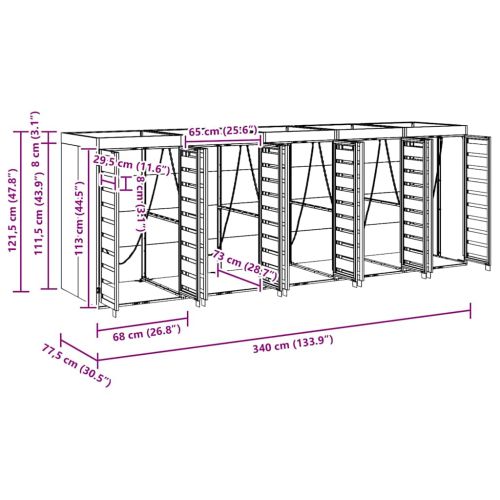 Контейнер за съхранение на 3 коша 340 x 77.5 x 115.5 см Стомана