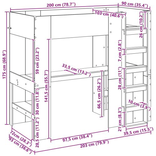 Рамка за двуетажно легло с бюро Сонома дъб 90 x 200 cm