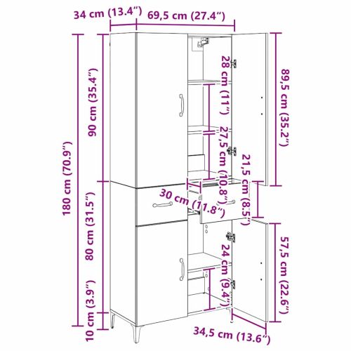 Висок шкаф Черния дъб 69,5 x 34 x 180 см Инженерно дърво