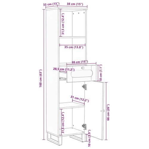Шкаф за баня Кафяво 38 x 33 x 160 см Солидно мангово дърво