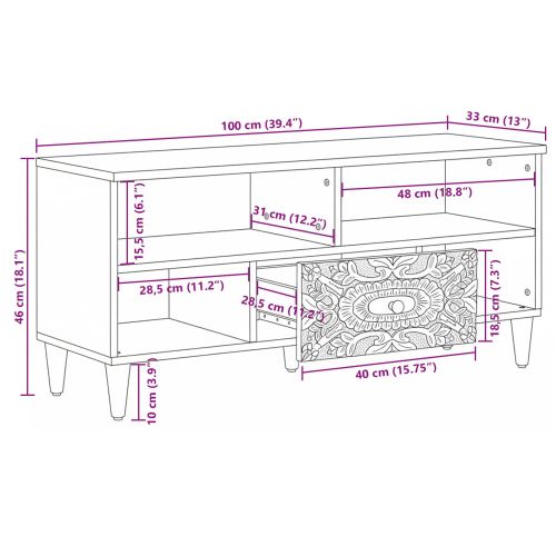 ТВ шкаф с рафт Бяло 100 x 33,5 x 46 см Солидно мангово дърво