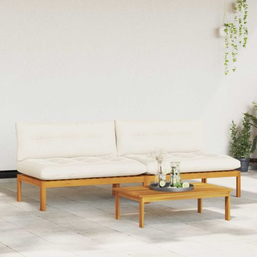 Среден диван 2 Брой Естествено и кремаво бяло Акациево дърво